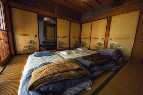 Chambre de style japonais traditionnel avec un lit Tatami dans un ryokan de luxe